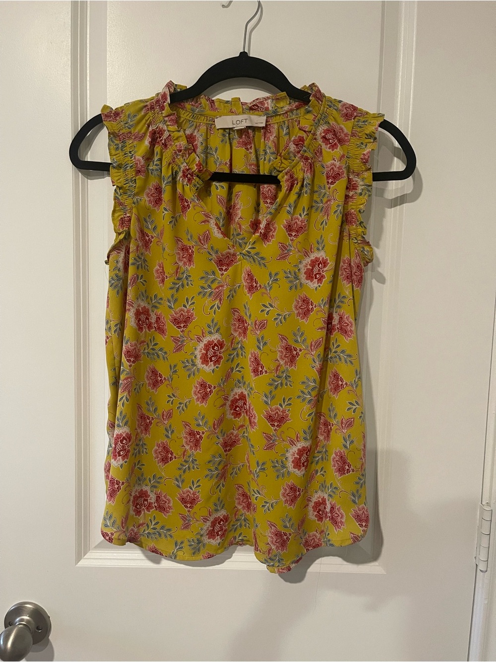 LOFT Yellow Floral Ruffle Neck Shell Top